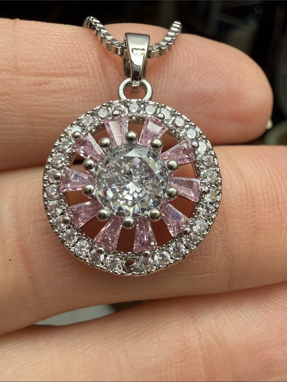 MOISSANITE DIAMOND Pink Crystal Flower Pendant Sterling Silver Necklace NEW